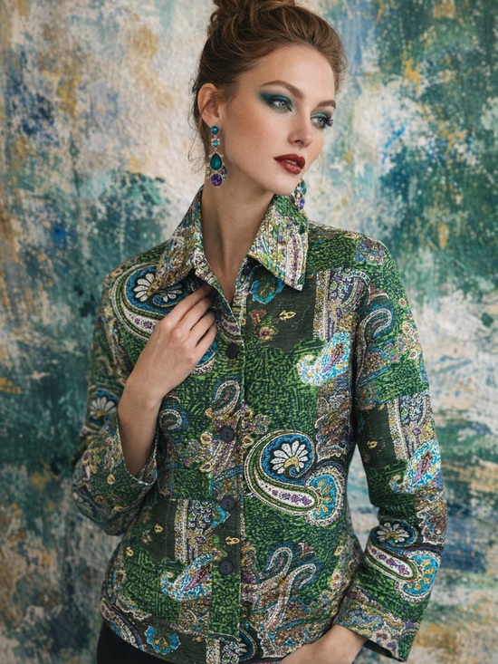 Analogy Petites Jackets & Blazers - 🦚 Analogy Petite | Vibrant Paisley Patchwork Statement Button‑Front Jacket PM